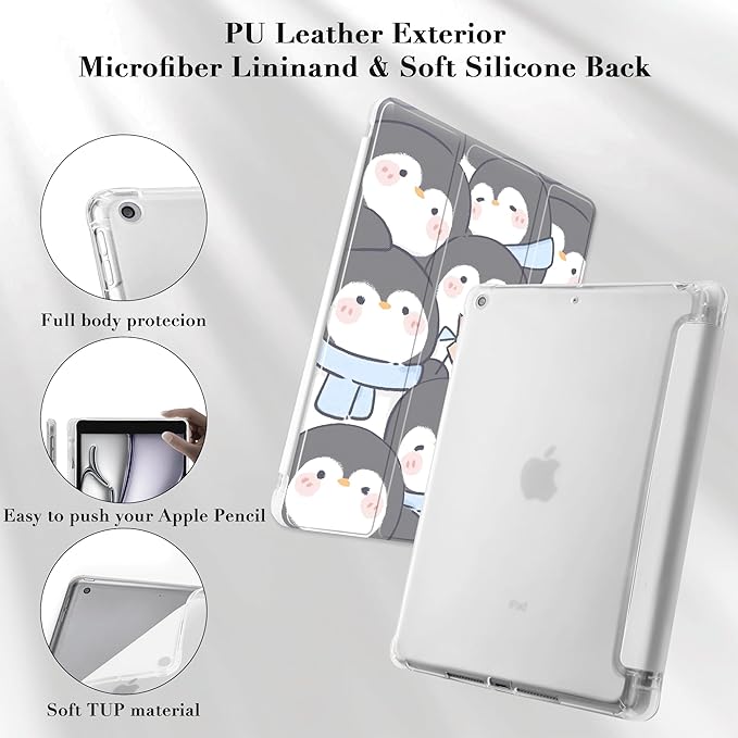 Idocolors Cute Kawaii Penguin Pad Case for 7.9 Inch iPad mini 4/iPad mini 5 Clear TPU Trifold Stand Back Cover with Pencil Holder Auto Wake/Sleep Foldable Shockproof Protective Case