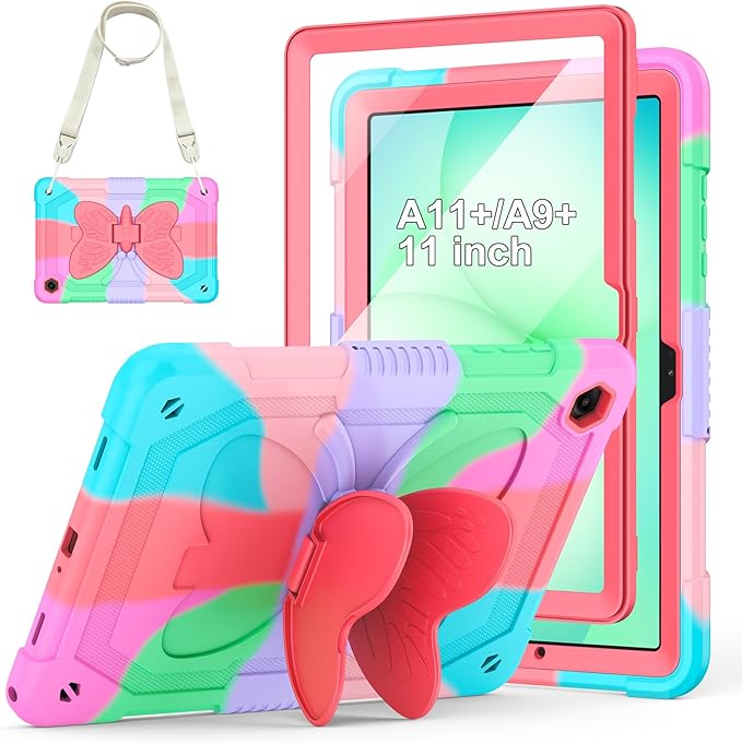 Cover for Samsung Galaxy Tab A11+ Plus/A9+ Plus Case with Screen Protector Galaxy Tab A11+/A9+ 11 inch 2025/2023 Released with Butterfly Stand Shoulder Strap Shockproof case for Kids Girl