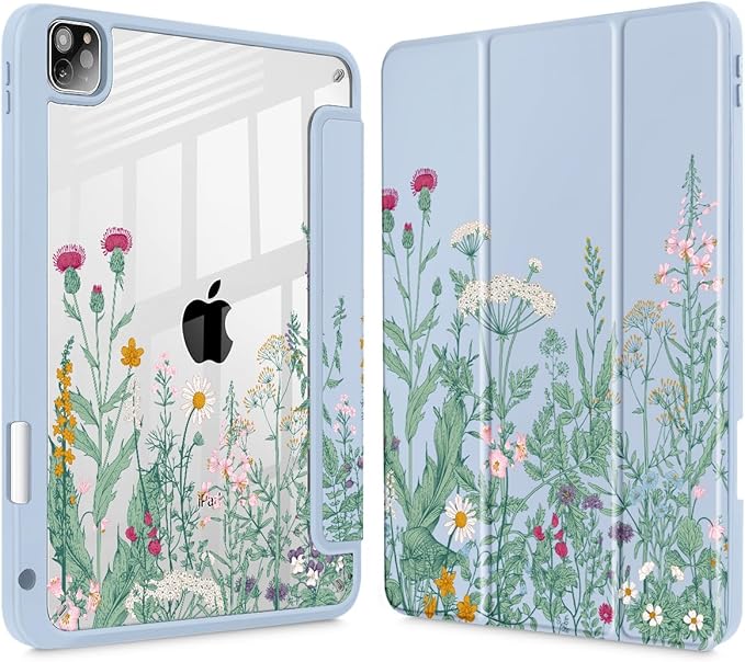 May Chen for iPad Pro 11 inch M2 4th Generation 2022 iPad Pro 11 3rd/2nd/1st Gen Case with Transparent Shockproof Back Cover [Built-in Pencil Holder Auto Sleep/Wake Herbs Flowers
