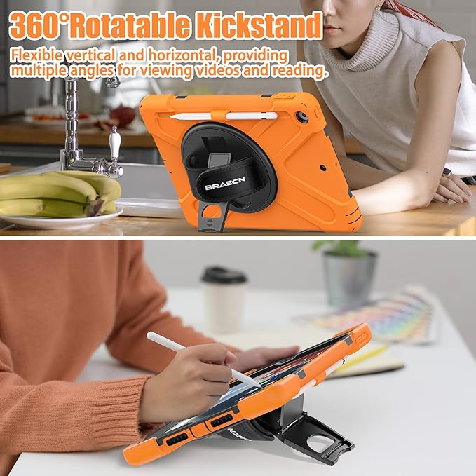 BRAECNstock for Apple iPad 9th/ 8th/ 7th Generation Case 10.2 2021/2020/2019 Shockproof Protective iPad 10.2 Kids Case with Screen Protector Pencil Holder Rotating Stand + Hand Strap Orange