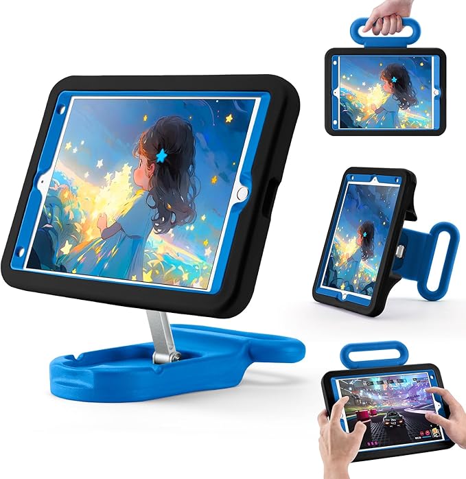 Kids Case for iPad 9th Gen 2021/ iPad 8th Gen 2020/ iPad 7th Gen 2019 Adjustable Portrait/Landscape Stand Drop Proof with HandleChild Friendly Cover for iPad 10.2 Inch (BlackBlue)