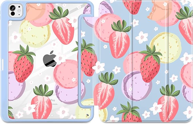 Case for iPad Pro 11 Inch (M5 2025 M4 2024) – [Built-in Pencil Holder] Shockproof &amp Stylish Clear Hard Back + Soft TPU Edge Magnetic Trifold Stand Auto Wake/Sleep Strawberry