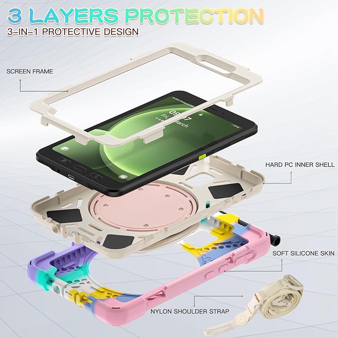 Rugged Case for Samsung Galaxy Tab Active5 5G (SM-X306B/X300) w/ 360° Rotating Hanging Ring Handle Grip Kickstand Heavy Duty Shock-Proof Armor Cover w/Shoulder Strap Stylus Holder (Macaron)