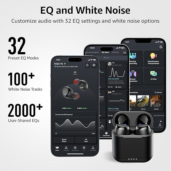 TOZO T6 Wireless Earbuds Bluetooth Ear Buds Stereo Sound in Ear Headphones 50 Hours Playtime AI Clear Call Wireless Charging Case APP Customizable EQs IPX8 Waterproof Earphones