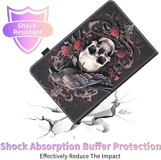 Case for All-New Amazon Fire HD 10 Tablet and Fire HD 10 Plus (13th/11th Generation 2023/2021)Auto Sleep/Wake Multi-Angle Viewing Slim Folio Stand Cover Black Raven Sits on The Skulls and Roses
