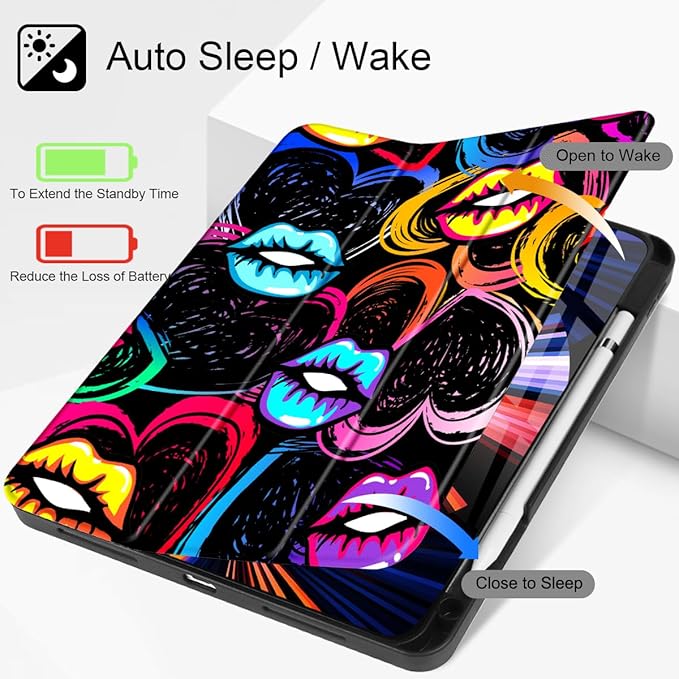 Mektron for iPad Pro M2 11-inch 4th/ 3rd/ 2nd/ 1st Gen Case 2022 2021 2020 2018 with Pencil Holder Tablet Cover with Soft TPU Back Cover for 11 inch iPad Pro Colorful Lips