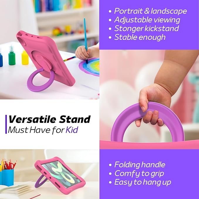 MRWHO Kids Case for iPad Air 5th 4th Generation 10.9 inch – Lightweight Rotating Stand Folding Handle Rugged Cover for Apple ipad Air 5 4 Gen Girls Boys Pink