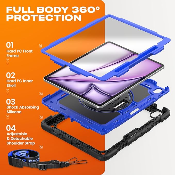 SEYMAC stock Case for iPad Air 13-inch M4-M2 2026-2024 (Gen 8-6) Shockproof Heavy Duty Case with Screen Protector Pencil Holder Rotating Stand Hand Strap Shoulder Strap Blue