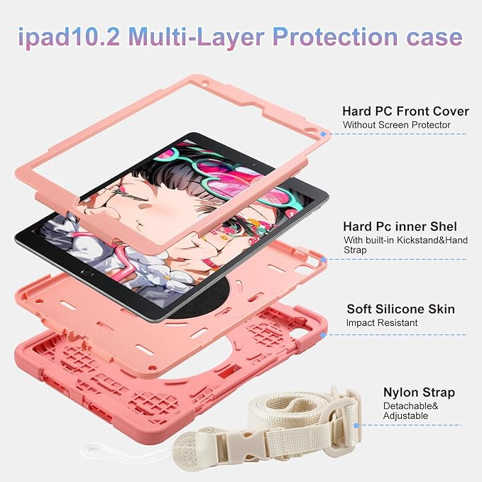 for iPad 9th/8th/7th Generation Case 10.2Heavy Sturdy Shockproof Kids Cover with Rotating Stand/Pencil Holder/Shoulder Strap for iPad 10.2 Case 2021/2020/2019 Girls (Pink)