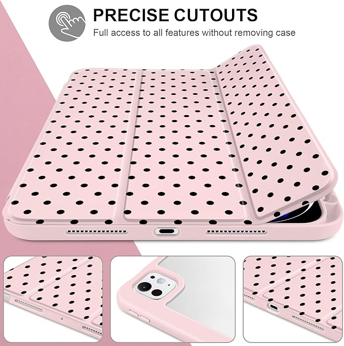 Case for iPad Pro 11 Inch (M5 2025 M4 2024) – [Built-in Pencil Holder] Shockproof &amp Stylish Clear Hard Back + Soft TPU Edge Magnetic Trifold Stand Auto Wake/Sleep Pink Polka dot