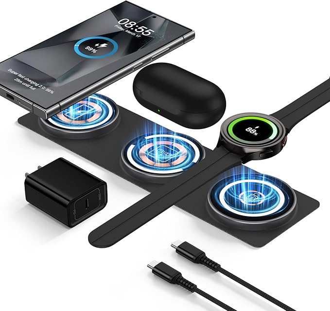 Fast Charging Pad 3 in 1 Wireless Charger Charging Station 15W Foldable Android Wireless Charger Compatible for Samsung Galaxy S24 S25 Ultra/S24FE/S24 Plus/S23FE/S22/S21FE Galaxy Watch 7/6 Classic
