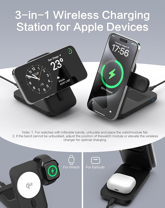 3 in 1 Wireless Charging Station for iPhone 17-12 Series Foldable 15W Wireless Charger Compatible with iWatch 5-10 AirPods (with 30w Adapter)