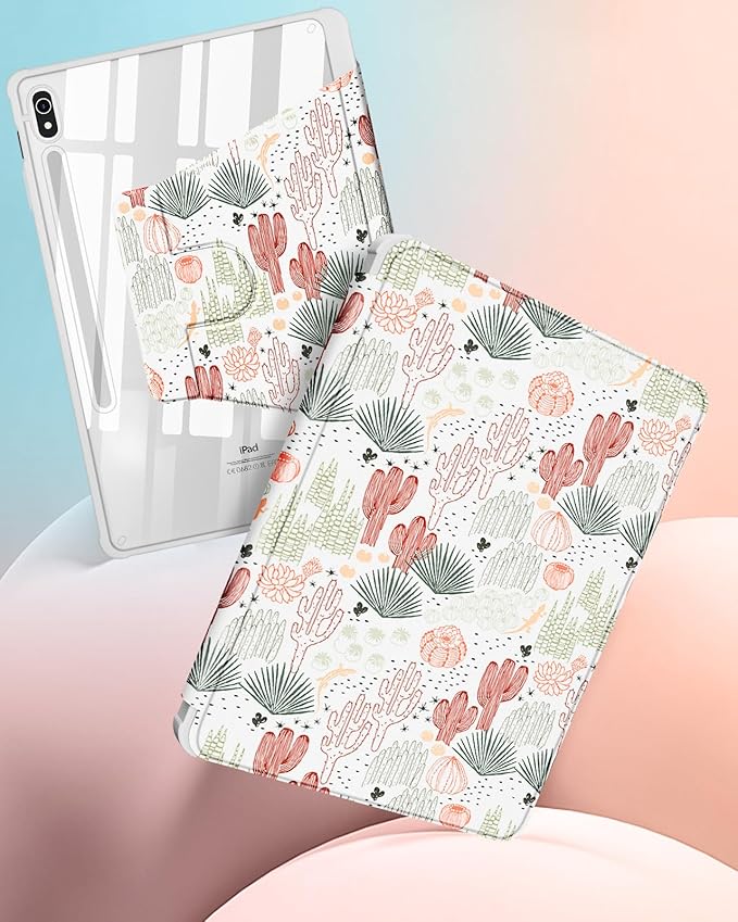 for Samsung Galaxy Tab S10 Fe Case - Tab S9 Fe/S9 Case with Pencil Holder Women Girls Cute Girly Pretty Cactus Unique Aesthetic Design Teens Rotating Tablet Cases Cover