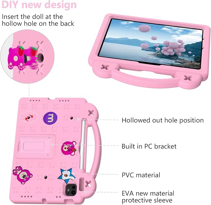 Dteck Case for iPad Air 5th/4th Gen 10.9 2022/2020iPad Pro 11 inch 4th/3rd/2nd/1st GenStrawberry Panda Shockproof Rugged Lightweight Convertible Handles Stand Kids Friendly Pencil Holder CasePink