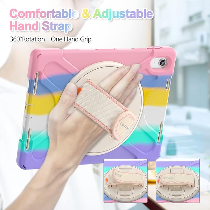 BATYUE Case for iPad (A16) 11th/10th Gen 11''/10.9'' 2025/2022 - Heavy Duty Shockproof Cover with Adjustable Hand Strap 360°Kistand Screen Protector Shoulder Strap &amp Pencil Holder | Colorful Pi