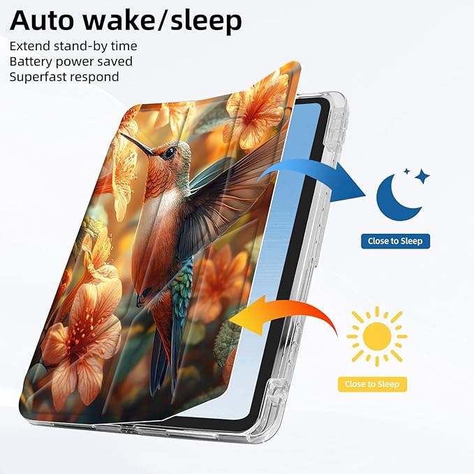 for iPad mini 7 A17 Pro 2024/iPad Mini 6 2021 Case with Pencil HolderFoldable Y-Shaped CoverStylish Clear Multi-Angle Viewing&ampAuto Sleep/Wake Hummingbird Orange Flowers Tablet Case