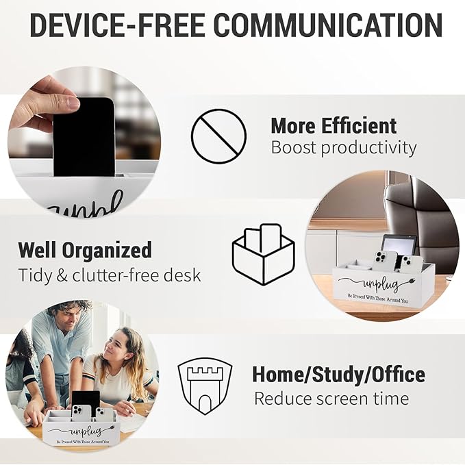 Bamboo Wood Phone Box – Unplug from Phones Tablets and Electronics for Study Meetings and Family Time Phone Holder Organizer with Charging Holes Farmhouse Style Holds Up to 18 Phones-White