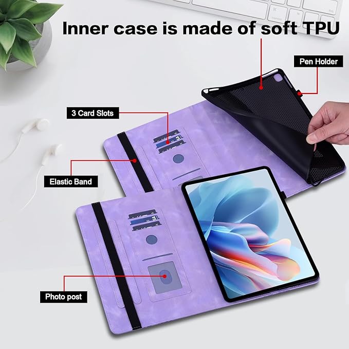 Case for Lenovo Idea Tab Pro 12.7 Inch 2025 Embossed Heart PU Leather Protective Tablet Case with Elastic Band &amp Card Slots/Holder Multi-Angle Viewing Stand Cover Purple
