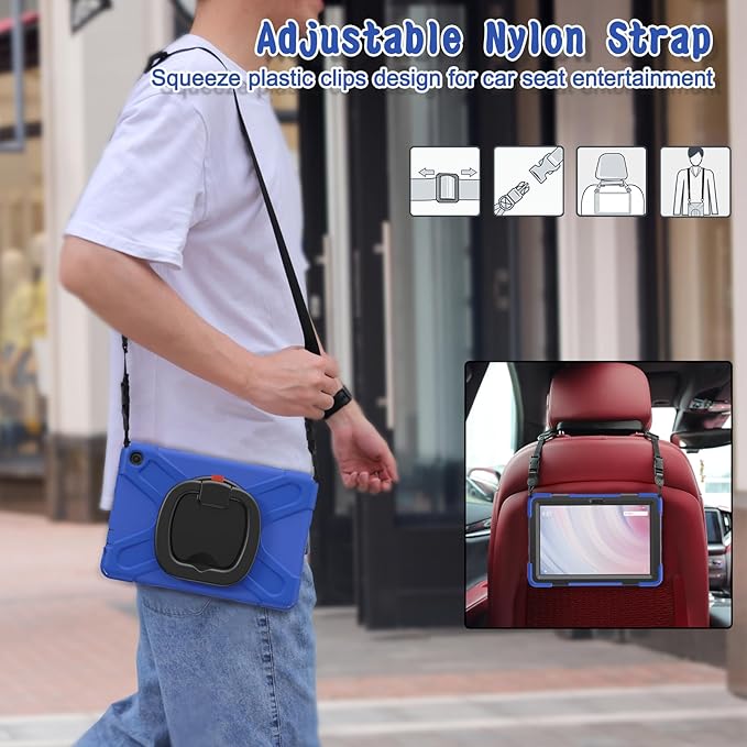 Heavy Duty Case for Fire HD 10 Tablet Case (13th Generation 2023 Release) Shockproof Protective Rugged Case with 360 Rotating StandCarrying Shoulder Strap Blue