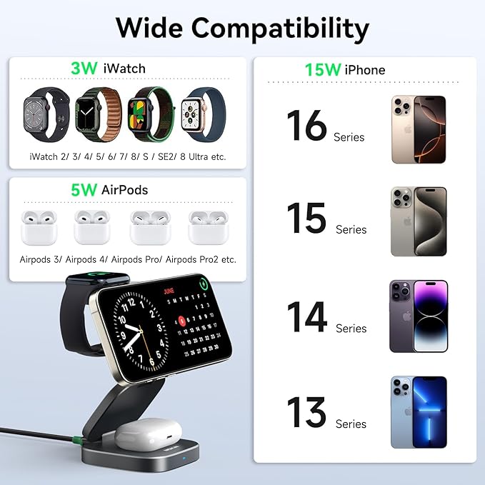 Wireless Charging Station for Multiple Devices 3 in 1 Travel Charger Dock Foldable Magnetic Stand Compatible with MagSafe Qi2 iPhone 17 16 15 14 13 12 Air Apple Watch Series &amp Air pods 4 3 2 P
