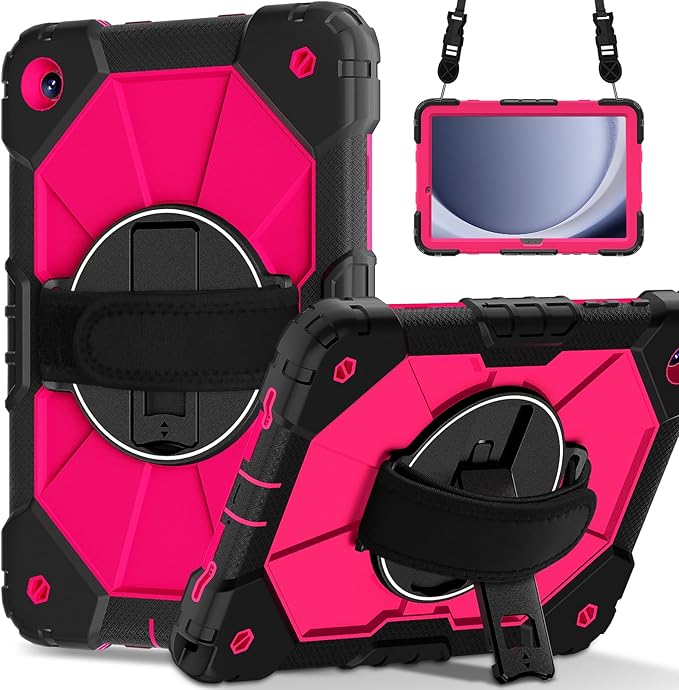 Case for Samsung Galaxy Tab A9 Plus(X210/X216/X218)/A11+ 11 Inch 2025 (X230/X236B) Heavy Duty Shockproof Rugged 360 Rotating Hand Strap Protective Tablet Case for Tab A11 PlusBlack+Rose Red