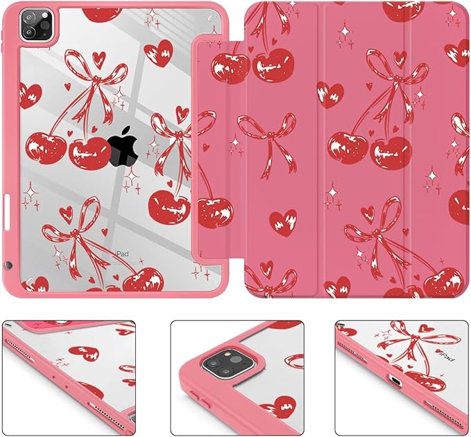 Mektron Case for iPad Pro 11 inch (4th 3rd 2nd &amp 1st Gen) 2022 2021 2020 2018 Buit in Pencil Holder with Shockproof Cover Clear Shell + Trifold Stand + Auto Wake/Sleep Cherries Bows C388