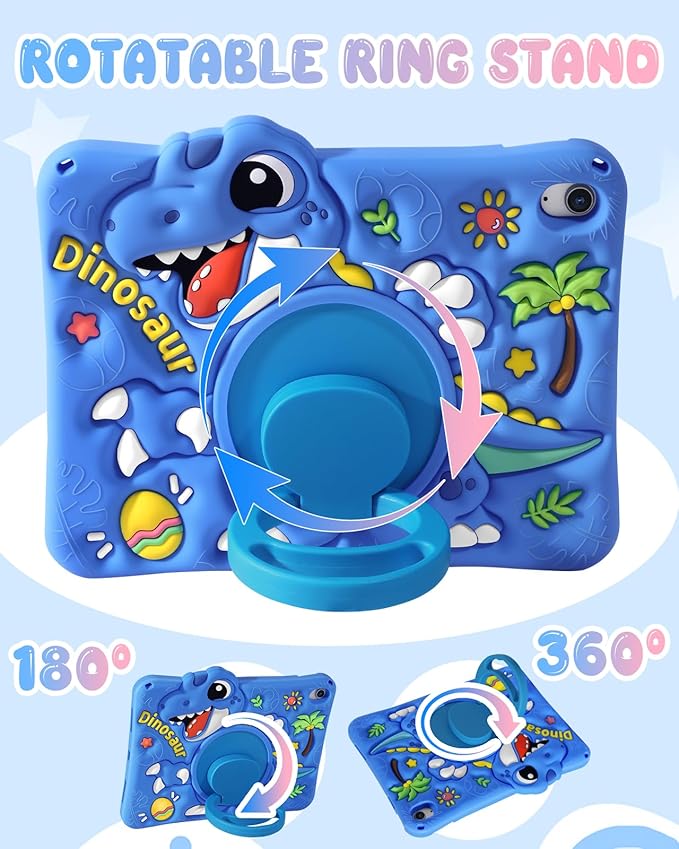 Boaretiu for iPad A16 Case/10th Generation Case - Blue Dinosaur Cool for Boys Girls Teens Soft Silicone Cute with Shoulder Strap &amp Rotating Stand Case for iPad A16 11th Generation 11 Inch 2025