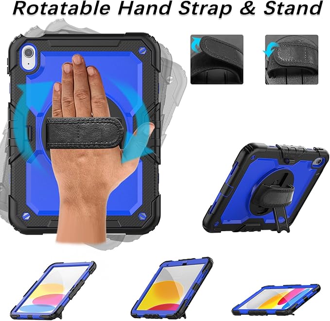 Weuiean Case for iPad A16 11th/10th Generation 11/10.9 Military-Grade Heavy-Duty Shockproof Cover with 360° Rotating Stand Built-in Pencil Holder &amp Adjustable Hand/Shoulder Strap - Blue+Black