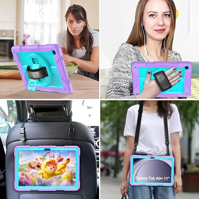 AVAWO Case for Samsung Galaxy A9+ Plus 11 inch 2023 with 360° Swivel Handle Strap Cover with Lanyard Teal+Purple