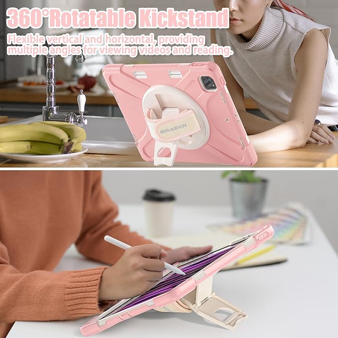 BRAECNstock Case for Apple iPad Air 13 inch (M4/M3/M2)/ iPad Pro 12.9 inch 6th/5th/4th/3rd Gen Shockproof Protective Case with Pen Holder 360° Rotating Stand &amp Hand Strap Shoulder Strap Rose G