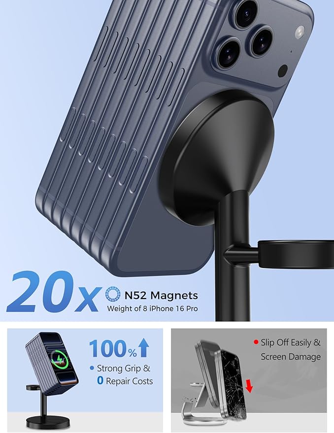 2026 3 in 1 Wireless Charging Station Compatible with MagSafe Charger Stand 15W Fast Magnetic Mag-Safe Charger for iPhone 17 16 15 14 13 12 Series Apple iWatch AirPods Pro 4 3 2 Black