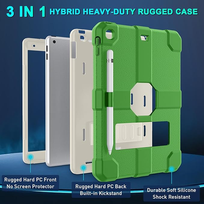 Case for iPad 9th/8th/7th Generation 2021/2020/2019(10.2 inch) Heavy Duty Shockproof Rugged Protective 10.2 Cover with Built-in Stand for iPad 9 8 7 Gen(White+Green)