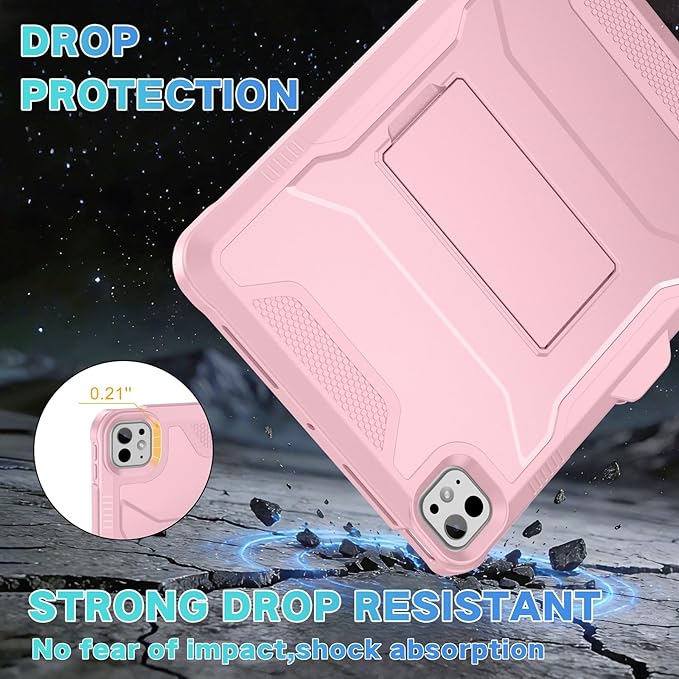 Soke Case for iPad Pro 11 Inch (M5) 2025/ (M4) 2024 with Built-in Screen Protector &amp Kickstand Rugged Full Body Heavy Duty Protective Cover with Pencil Holder - Pink