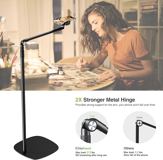 elitehood Floor Phone Stand Overhead Video Recording 360 Degrees Swivel Tilt Adjustable iPhone Stand for Bed Chair Desk Floor Phone Holder Compatible with iPhone 15 14 13 12 Android Phone