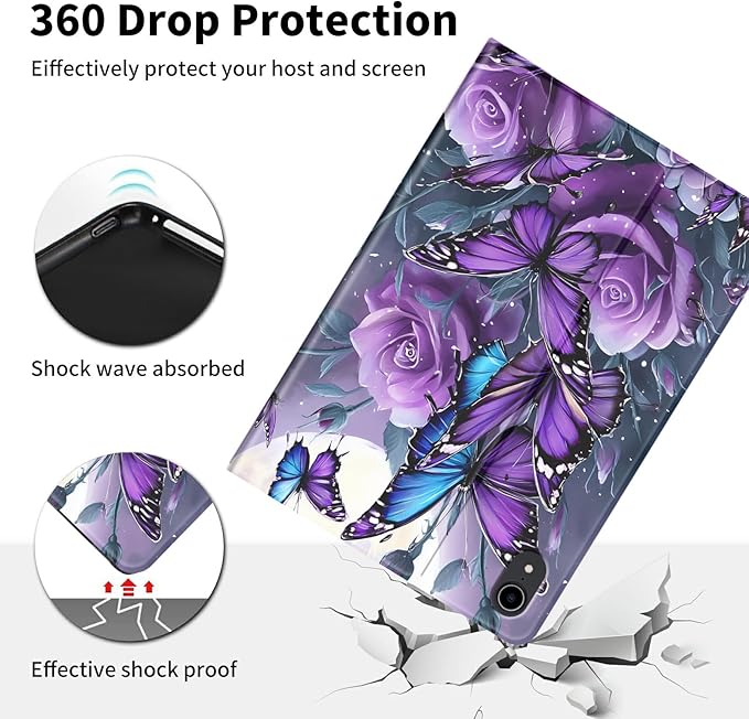 for iPad mini 7th (A17 Pro) 2024/iPad Mini 6th Generation Case 2021 8.3 Inch-Slim Leather Adjustable Stand Smart Cover with S Pen Holder &amp Auto Wake/SleepPurple Rose Butterflies