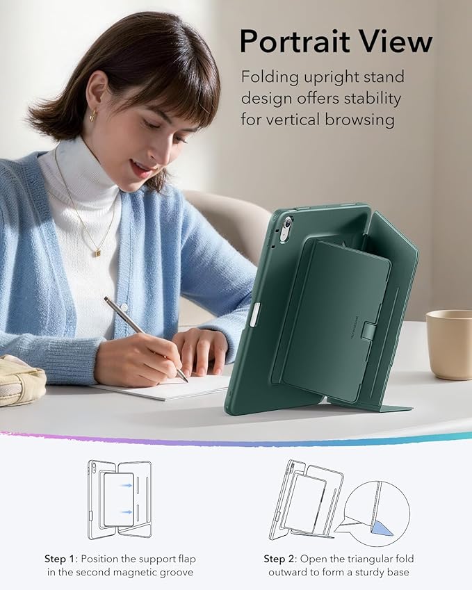ESR for iPad Air 11 Inch Case M4/M3/M2 (2026/2025/2024) iPad Air 5th/4th Gen Case (2022/2020) Vertical Stand Cover Multi Stand Angles Ultra-Stable Cover with Pencil Holder Flip Series Green