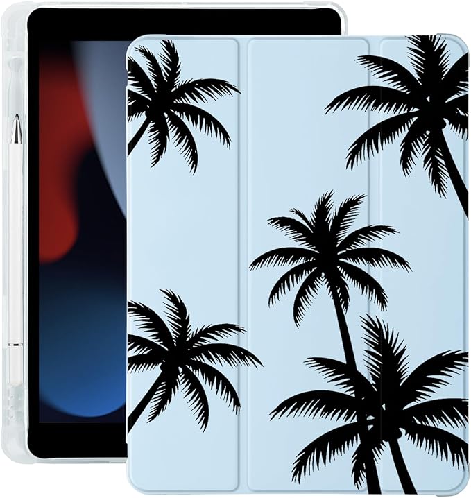 Black Palm Tree for iPad Pro 12.9 Inch Case 5th/6th Generation 2022/2021/2020 with Pencil Holder Auto Sleep/Wake Blue Leather Soft TPU Back Cover