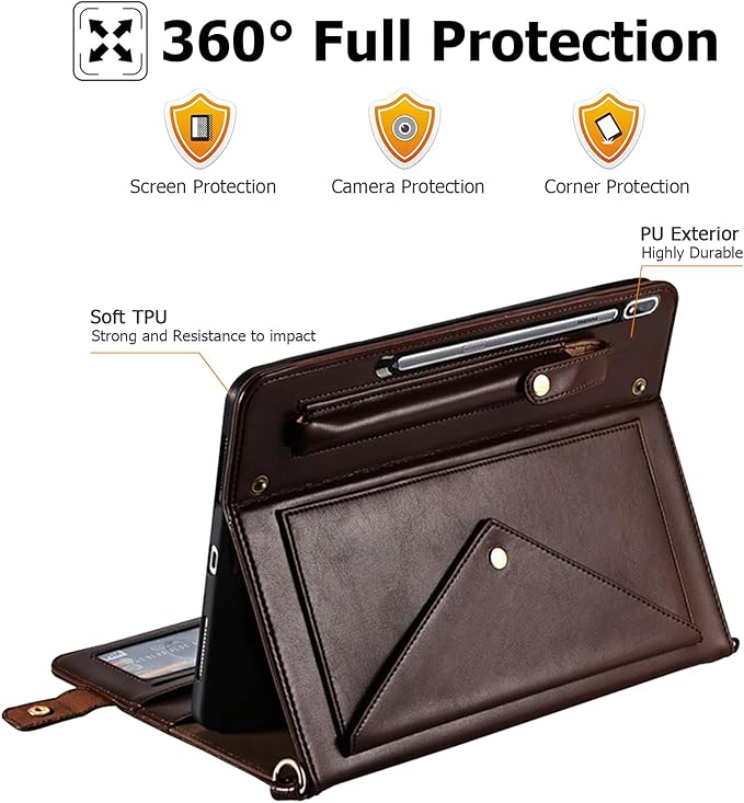 Dteck Case for Galaxy Tab S10 Plus/S9 Plus/S8 Plus+/S7 FE/S7 Plus 12.4 inchPU Leather Fold Business Stand Protective Cover with Pen Holder Card Slots Shoulder Hand Strap Handbag Wallet CaseBrown