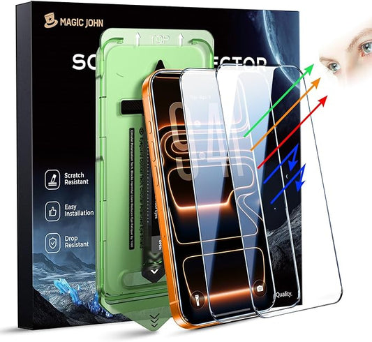 MAGIC JOHN 2 PACK for iPhone 17 Pro Max [6.9] Eye Protection Screen Protector HD Clear Auto Dust-Elimination 9H Tempered Glass &amp Scratch Resistance Full Edge Coverage