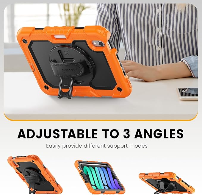 Timecity Case for iPad mini 7th/6th Generation 2024/2021 8.3 inch Full-Body Protective for iPad mini 7/ Mini 6 Case with Screen Protector Pencil Holder Swivel Stand Hand/Shoulder Strap- Orange