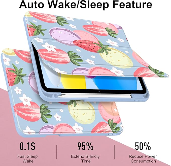 Case for iPad A16 11th Generation 11 inch 2025 iPad 10th Generation 10.9 inch 2022 -[Built-in Pencil Holder] Shockproof Clear Hard Back Trifold Stand Auto Wake/Sleep Strawberry