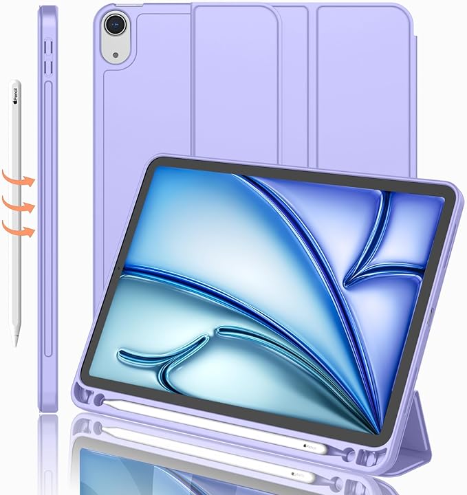 iMieet iPad Air 11 Inch Case M4/M3/M2(2026/2025/2024) iPad Air 5th/4th Generation Case 2022/2020 10.9 Inch with Pencil HolderTrifold Stand Smart Case with Soft TPU Back(Light Purple)