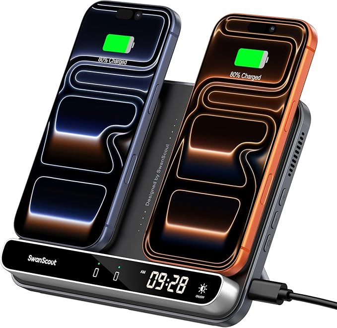 Dual Wireless Charger Stand SwanScout 504 Foldable Wireless Charging Station Pad for iPhone Air/17/16/15/ Series Samsung Galaxy S25/S24/S23 Android Phones AirPods/Galaxy Buds (Black &amp Tech Gr