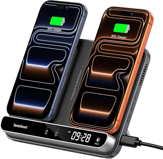 Dual Wireless Charger Stand SwanScout 504 Foldable Wireless Charging Station Pad for iPhone Air/17/16/15/ Series Samsung Galaxy S25/S24/S23 Android Phones AirPods/Galaxy Buds (Black &amp Tech Gr