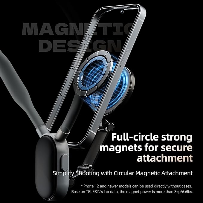 TELESIN° Magnetic Neck Cell Phone Holder POV/Vlog Recording Necklace Lanyard Selfie Hand Free Neck Phone Mount Stand for iPhone 15 14 13 12 Pro Mini/Plus/Pro/Pro Max and Samsung Android Smartphone