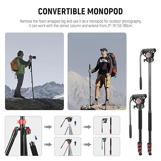 NEEWER 72 Fluid Head Video Tripod Monopod Aluminum Alloy QR Plate Compatible with DJI RS Gimbal 360° Pan &amp +90°/-70° Tilt for DSLR Camera Camcorder Max Load 13.2lb/6kg TP72A