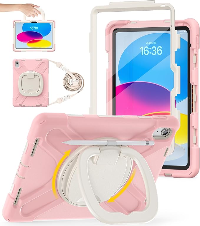 BATYUE Case for iPad (A16) 11th/10th Gen 11''/10.9'' 2025/2022 - Heavy Duty Shockproof Cover with 360° Rotating &amp 180° Folding Stand Screen Protector Shoulder Strap &amp Pencil Holder | Cheery