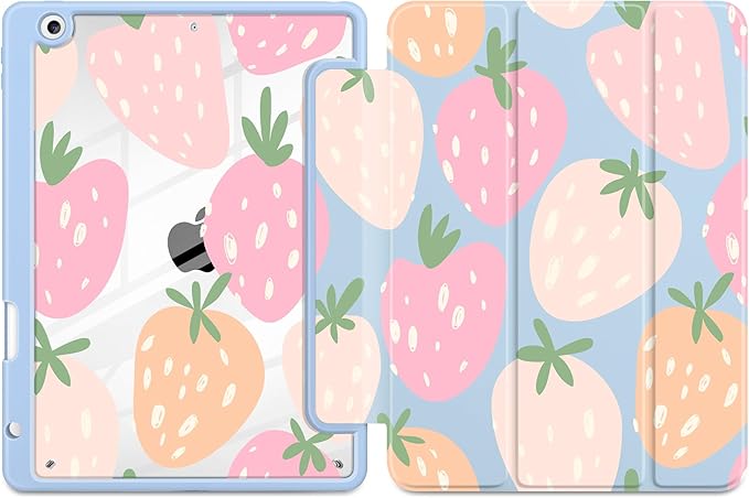 MEEgoodo Case for iPad 10.2 inchTablet Cases for iPad 9th Generation 2021/8th Gen 2020/7th Gen 2019 with Clear Acrylic Back Shell+Pencil Holder+Auto Wake/Sleep+Trifold StandCute Drawn Strawberries