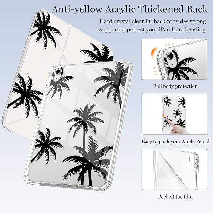 Cute Black Palm Tree for iPad Pro 11 Inch Case (M5/M4) 2025/2024 with Pencil Holder Auto Sleep/Wake White Leather Acrylic Back Detachable Cover