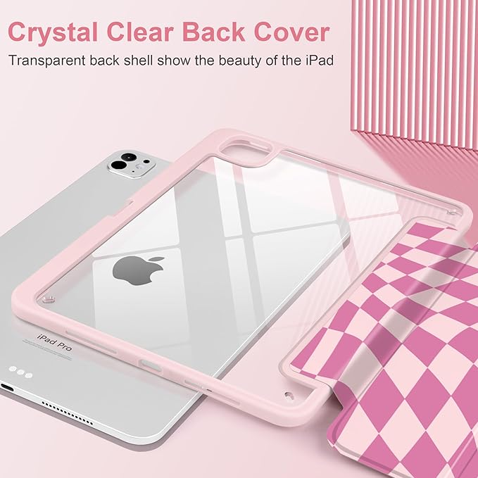 TWOLSKOO Case for iPad Pro 11-inch (M5 2025 / M4 2024) Clear Acrylic Back with TPU Bumper Pencil Holder Trifold Stand Auto Sleep/Wake Pink Wavy Checker